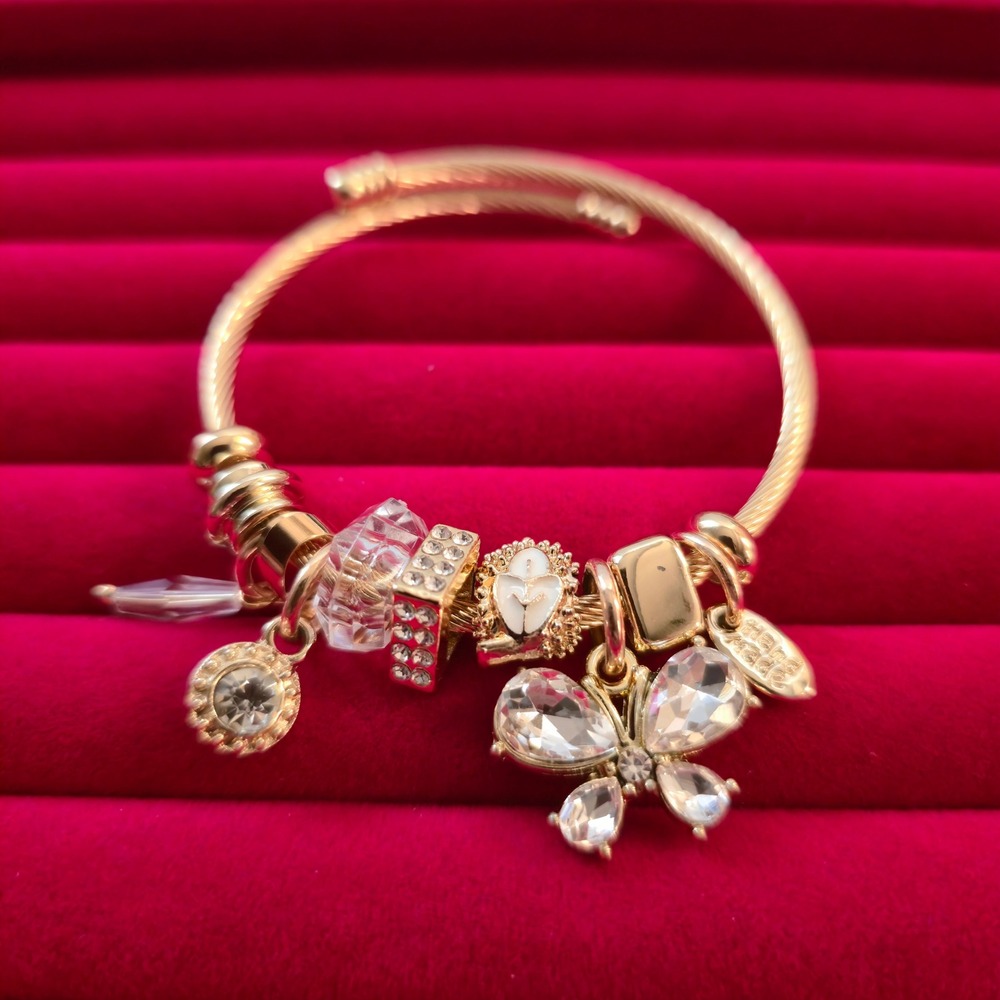 14K Gold Plated Stainless Steel Charm Bangle Butterfly Heart Cable Bracelet 7in